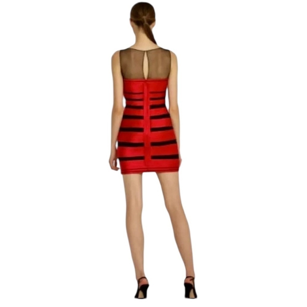 BCBGMaxAzria Brenda Jewelred Satin Sheer Bandage Bodycon Mini Dress Size 10 - Picture 2 of 11